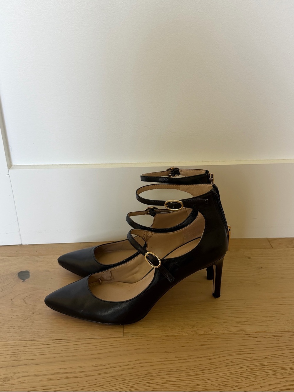 BCBGeneration Black Pointed-Toe Multi-Strap Heels with Gold Buckles